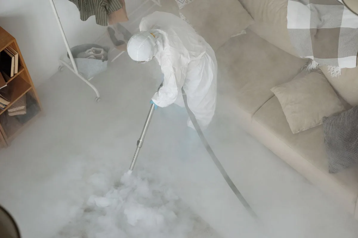 Biohazard cleanup technician in protective equipment, Baraboo, WI